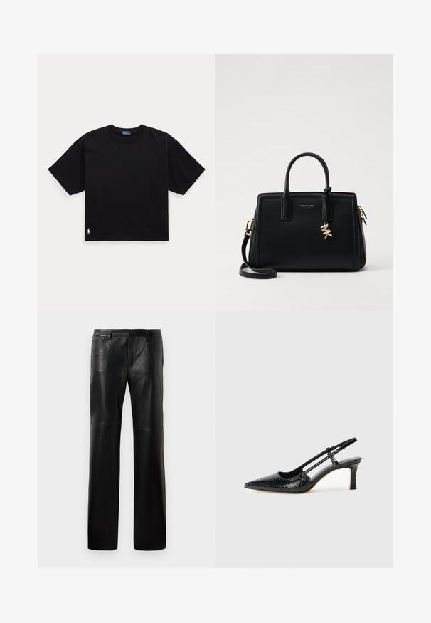 Zwarte katoenen T-shirt met korte mouwen, ronde hals en een klein wit logo op de linker benedenkant. Klassieke, rechte pasvorm met minimale details.; Zwarte leren broeken met een rechte snit, met een knoop tailleband, vijf zakken en zichtbare stiksels langs de naden.; Zwart patent slingback hak met een spitse neus, voorzien van een gestructureerde slangenprint, verstelbare band en een korte, gestructureerde blokhak.; Zwarte leren handtas met gestructureerd ontwerp, dubbele handvatten aan de bovenkant, afneembare schouderband, gouden hardware en een logo charm accent.