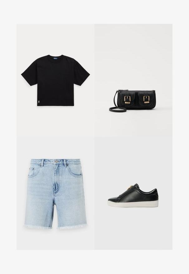 Svart bomull t-skjorte med korte ermer, rund hals, og en liten hvit logo nederst til venstre. Klassisk, boksete passform med minimale detaljer.; Lyseblå denimshorts med en frynset kant, klassisk fem-lommers design og frontlukking med knapp. Stoffet ser mykt ut med en lett tekstur.; Sorte lær slip-on sko med en forhøjet søm, sølvhardware detaljer på overdelen og en hvid gummisko med præget branding.; Svart skinn crossbody veske med to frontlommer, gyldne spenner, glidelåslukking og en slank stropp. Teksturert overflate og kompakt rektangulær form.