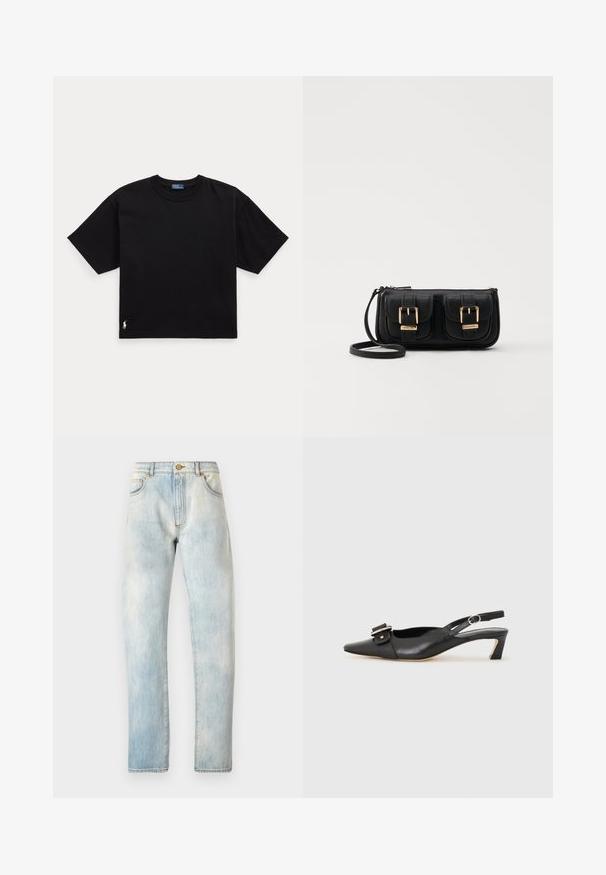 Crna pamučna majica s kratkim rukavima, okruglim izrezom i malim bijelim logom na donjem lijevom dijelu. Klasičan, širok kroj s minimalnim detaljima.; Svijetloplavi traperice ravnog kroja, s pet džepova i kopčanjem na dugme. Imaju izblijedjeli izgled po cijeloj površini, s detaljnim šavovima.; Crne kožne sandale s remenčićem i šiljastim vrhom, malim potpeticama i dekorativnom kopčom na gornjem dijelu. Glatka tekstura, minimalistički dizajn.; Crna kožna torba preko ramena s dva prednja džepa, zlatnim kopčama, zatvaranjem na zip i uskim remenom. Teksturirana površina i kompaktan pravokutan oblik.