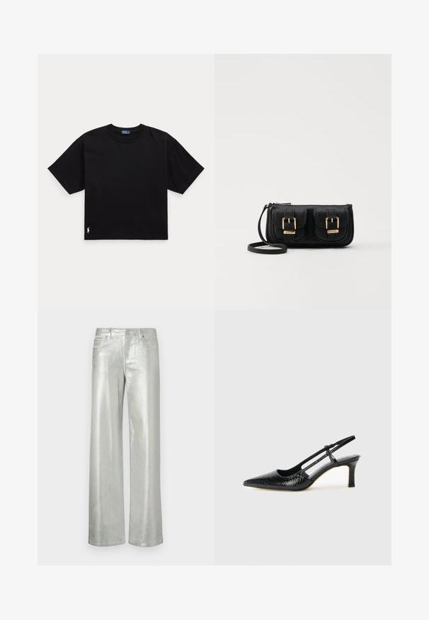 Fekete pamut póló rövid ujjal, kerek nyakkal és egy kis fehér logóval az alsó bal oldalon. Klasszikus, dobozos szabás minimális részletezéssel.; Fémes anyagból készült ezüst színű, bő szárú nadrág. Két elülső zseb és cipzáras záródás jellemzi. Simafejű textúrával és fényes felülettel rendelkezik.; Fekete lakk slingback sarok, hegyes orral, texturált kígyómintával, állítható pánttal és rövid, texturált tömbsarkal.; Fekete bőr keresztbody táska két elülső zsebbel, arany csattokkal, cipzáras záródással és vékony pánttal. Textúrált felület és kompakt téglalap alak.; Aranyszínű fémből készült karika fülbevalók ívelt, hosszúkás formával. Simaságával és fényes felületével, valamint lekerekített végével további részletekkel bővül.