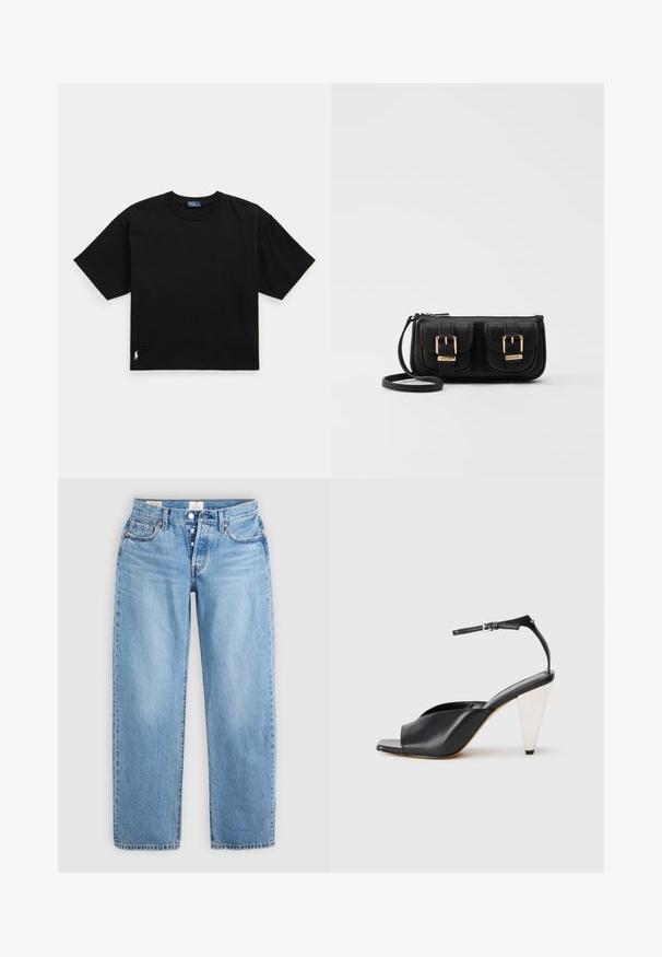 Must musta t-särk lühikeste varrukatega, ümar kaelus ja väike valge logo alumisel vasakul küljel. Klassikaline, kastikujuline lõige minimaalsete detailidega.; Heledad sinine teksapüksid sirge lõikega, viie taskuga ja nööpidega sulgemine. Omab õmblustega detaile ja puhta servaga lõppu.; Must mustril kõrge kontsaga sandaalid avatud varbaga, asümmeetrilise disainiga, pahkluukeevikuga ja metallilise koonusja kontsaga. Ühtlane tekstuur üle kogu.; Must küllastamata nahast õlakott, millel on kaks esist nähtavat taskut, kuldsed pandlad, tõmblukuga sulgemine ja peen rihm. Tekstuuriga pind ja kompaktne ristkülikukujuline kuju.