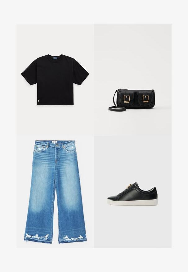 Melnā kokvilnas t-krekls ar īsām piedurknēm, apaļu kaklu un mazu baltu logo apakšējā kreisajā stūrī. Klasisks, taisnstūrveida piegriezums ar minimālu detaļu skaitu.; RE/DONE PALAZZO - Džinsi ar platām starām - minerva; Melnas ādas slīdētājzābaki ar izceltiem šuvēm, sudraba aparatūras detaļām augšpusē un baltu gumijas zoli ar izceltiem zīmola elementiem.; Melnas ādas crossbody soma ar divām priekšējām kabatām, zelta sprādzēm, ar rāvējslēdzēju aizdari un šauru siksnu. Strukturēta virsma un kompakta taisnstūra forma.