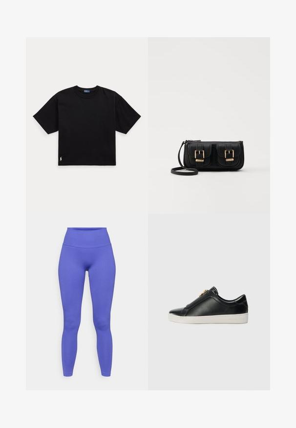 Svart bomullströja med korta ärmar, rund hals och en liten vit logotyp i nederkant till vänster. Klassisk, boxig passform med minimal detaljering.; Högmidjade, randiga leggings i livlig lila. Tillverkade av elastiskt tyg, med en sömlös design och en figurnära siluett.; Svarta läderskor utan snörning med en upphöjd söm, silverdetaljer på ovandelen och en vit gummisula med präglad logotyp.; Svart läderaxelväska med två framfickor, guldspännen, dragkedjestängning och en smal rem. Texturerad yta och kompakt rektangulär form.