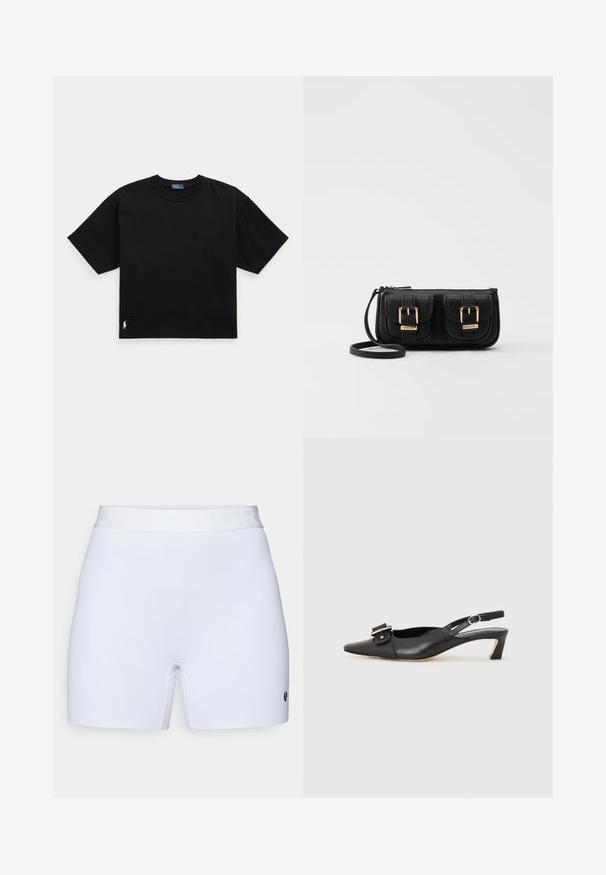 Juodas medvilnės marškinėliai trumpomis rankovėmis, apvaliu kaklu ir mažu baltu logotipu apatiniame kairiajame kampe. Klasikinis, dėžutės formos siluetas su minimaliu apdailos detalių skaičiumi.; Balti šortai su lygiu, tamprių audiniu. Apima tvirtą juostos viršų su išspausdintu tekstu ir mažu logotipu apatiniame šone.; Juodas odinis slingback batelis su smailiu nosiu, maža pakulne ir dekoratyvine sagtimi viršuje. Lygus paviršius, minimalistas dizainas.; Juodas odinis per petį nešiojamas krepšys su dviem priekiniais kišenėmis, auksiniais sagtimis, užtrauktuko uždarymu ir siauromis petnešomis. Textūruota paviršius ir kompaktiškas stačiakampis formatas.