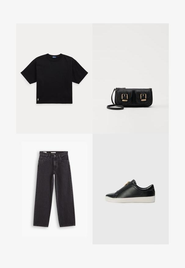 Svart bomullströja med korta ärmar, rund hals och en liten vit logotyp i nederkant till vänster. Klassisk, boxig passform med minimal detaljering.; Svarta vida jeans gjorda av denim, med hög midja, femficksdesign och dubbelsydda sömmar. Ren finish utan dekorationer.; Svarta läderskor utan snörning med en upphöjd söm, silverdetaljer på ovandelen och en vit gummisula med präglad logotyp.; Svart läderaxelväska med två framfickor, guldspännen, dragkedjestängning och en smal rem. Texturerad yta och kompakt rektangulär form.