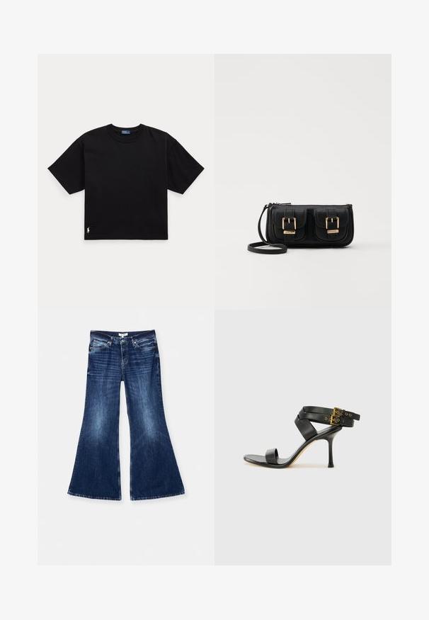 Schwarzes Baumwoll-T-Shirt mit kurzen Ärmeln, Rundhalsausschnitt und kleinem weißen Logo unten links. Klassische, kastige Passform mit minimaler Detailgestaltung.; RE/DONE BAGGY FLARE - Flared Jeans - monterey fade; Schwarze Absatzsandale mit gekreuzten Riemen und verstellbarem Schnallenverschluss. Sie verfügt über eine glatte Textur und einen schmalen Stiletto-Absatz.; Schwarze Leder-Umhängetasche mit zwei vorderen Taschen, goldenen Schnallen, Reißverschluss und einem schmalen Tragegurt. Texturierte Oberfläche und kompakte rechteckige Form.