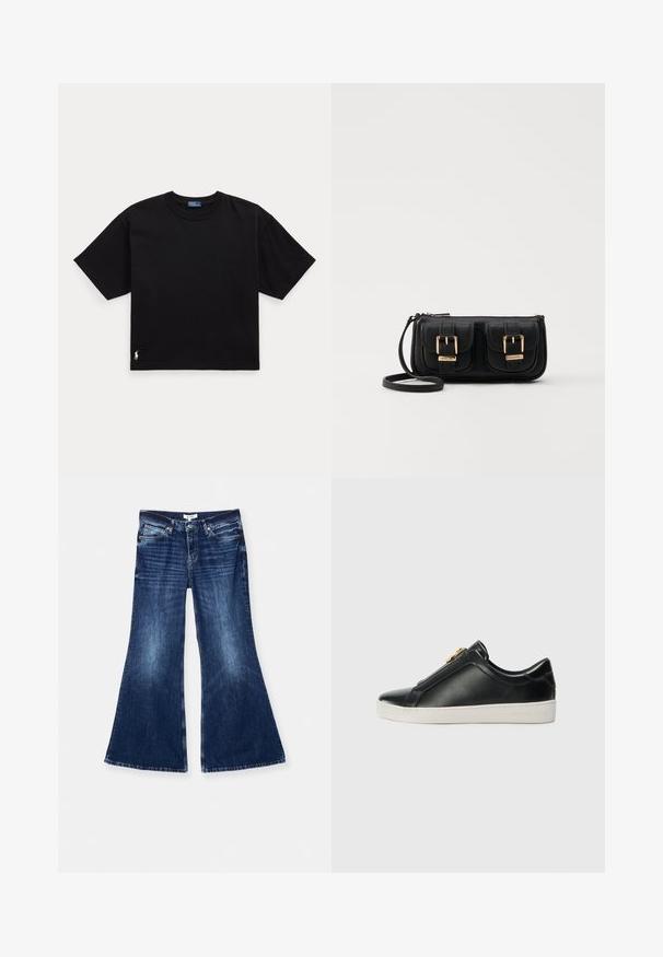 Black cotton t-shirt with short sleeves, round neck, and a small white logo on the bottom left. Classic, boxy fit with minimal detailing.; RE/DONE BAGGY FLARE - Flared Jeans - monterey fade; Black leather slip-on shoes with a raised seam, silver hardware detail on the upper, and a white rubber sole featuring embossed branding.; Black leather crossbody bag with two front pockets, gold buckles, zipper closure, and a slim strap. Textured surface and compact rectangular shape.