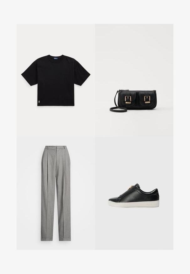 Μαύρο βαμβακερό t-shirt με κοντά μανίκια, στρογγυλή λαιμόκοψη και μικρό λευκό λογότυπο στο κάτω αριστερό μέρος. Κλασική, τετράγωνη εφαρμογή με ελάχιστες λεπτομέρειες.; Polo Ralph Lauren FULL LENGTH PLEATED - Παντελόνι - grey; Μαύρα δερμάτινα παπούτσια χωρίς κορδόνια με ανυψωμένη ραφή, ασημένια μεταλλικά στοιχεία στο επάνω μέρος και λευκή καουτσούκ σόλα με ανάγλυφο λογότυπο.; Μαύρη δερμάτινη τσάντα ώμου με δύο μπροστινές τσέπες, χρυσά κούμπωματα, κλείσιμο με φερμουάρ και λεπτό λουρί. Υφή επιφάνειας και κομψό ορθογώνιο σχήμα.