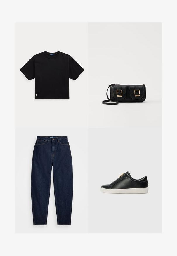 Svart bomull t-skjorte med korte ermer, rund hals, og en liten hvit logo nederst til venstre. Klassisk, boksete passform med minimale detaljer.; Mørkeblå denimjeans med rett benpassform, med oransje sømmer, frontknappelukking og fem lommer.; Sorte lær slip-on sko med en forhøjet søm, sølvhardware detaljer på overdelen og en hvid gummisko med præget branding.; Svart skinn crossbody veske med to frontlommer, gyldne spenner, glidelåslukking og en slank stropp. Teksturert overflate og kompakt rektangulær form.