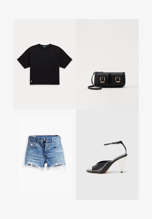 Svart bomull t-skjorte med korte ermer, rund hals, og en liten hvit logo nederst til venstre. Klassisk, boksete passform med minimale detaljer.; Lyseblå denimshorts med frynsete kanter, høy midje, knappelukking og to fram lommer; slitte detaljer gir tekstur.; Svart lær høyhælte sandaler med åpen tå, asymmetrisk design, ankelstropp og en metallisk kjegleformet hæl. Glatt tekstur hele veien.; Svart skinn crossbody veske med to frontlommer, gyldne spenner, glidelåslukking og en slank stropp. Teksturert overflate og kompakt rektangulær form.