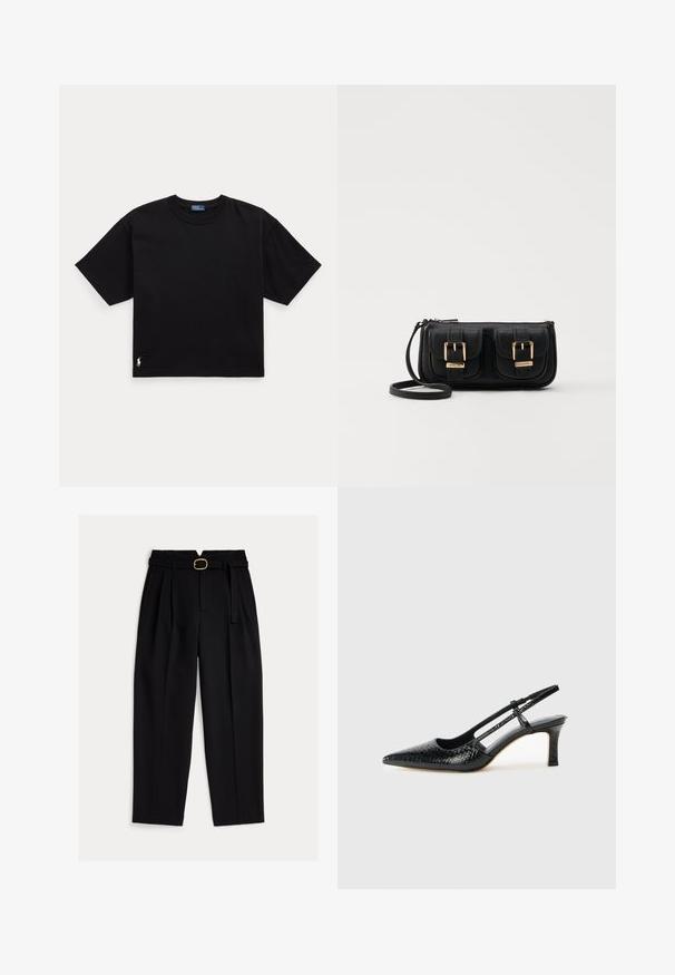 Melnā kokvilnas t-krekls ar īsām piedurknēm, apaļu kaklu un mazu baltu logo apakšējā kreisajā stūrī. Klasisks, taisnstūrveida piegriezums ar minimālu detaļu skaitu.; Melnas, augsta vidukļa bikses ar jostu, priekšpusē bārkstotas un platām kājām. Izgatavotas no gludas auduma ar klasisku griezumu.; Melna patent āda ar slīdošo papēdi un smailo purngalu, ar teksturētu čūsku drukājumu, regulējamu siksniņu un īsu teksturētu blokpapēdi.; Melnas ādas crossbody soma ar divām priekšējām kabatām, zelta sprādzēm, ar rāvējslēdzēju aizdari un šauru siksnu. Strukturēta virsma un kompakta taisnstūra forma.