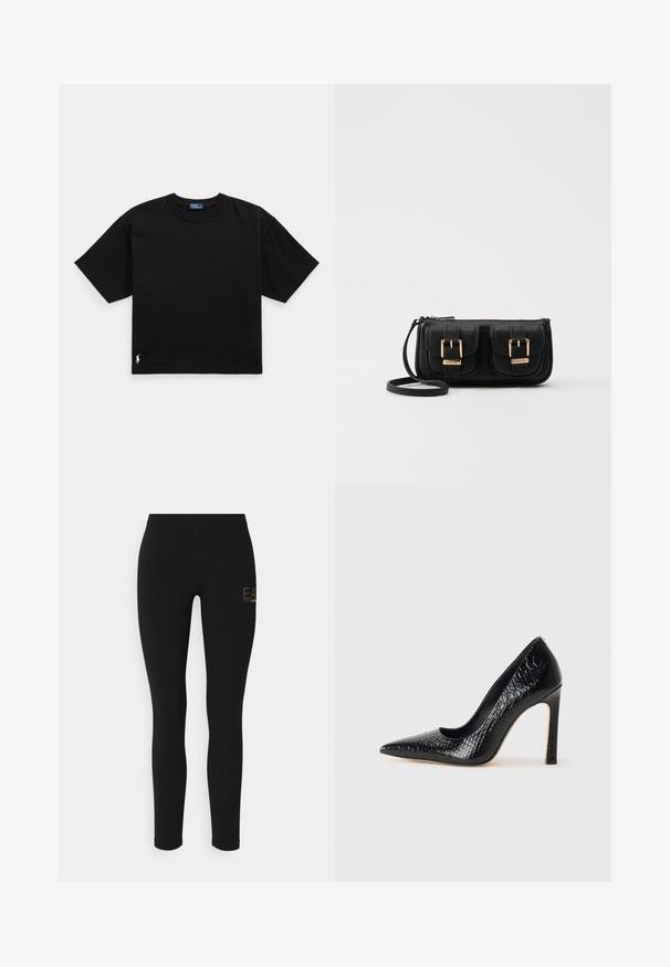 Černé bavlněné tričko s krátkým rukávem, kulatým výstřihem a malým bílým logem v dolním levém rohu. Klasický, boxy střih s minimálním detailem.; Černé legíny s úzkým střihem, vyrobené z elastického materiálu, s logem ve zlaté barvě na levé straně. Hladká textura, celopracovní design.; Černý lodičkový bot s špičatou špičkou, pokrytý texturou krokodýlí kůže, s elegantním designem, vysokým stiletto podpatkem a hladkým černým interiérem.; Černá kožená crossbody taška se dvěma předními kapsami, zlatými přezkami, zipovým uzávěrem a štíhlým popruhem. Texturovaný povrch a kompaktní obdélníkový tvar.