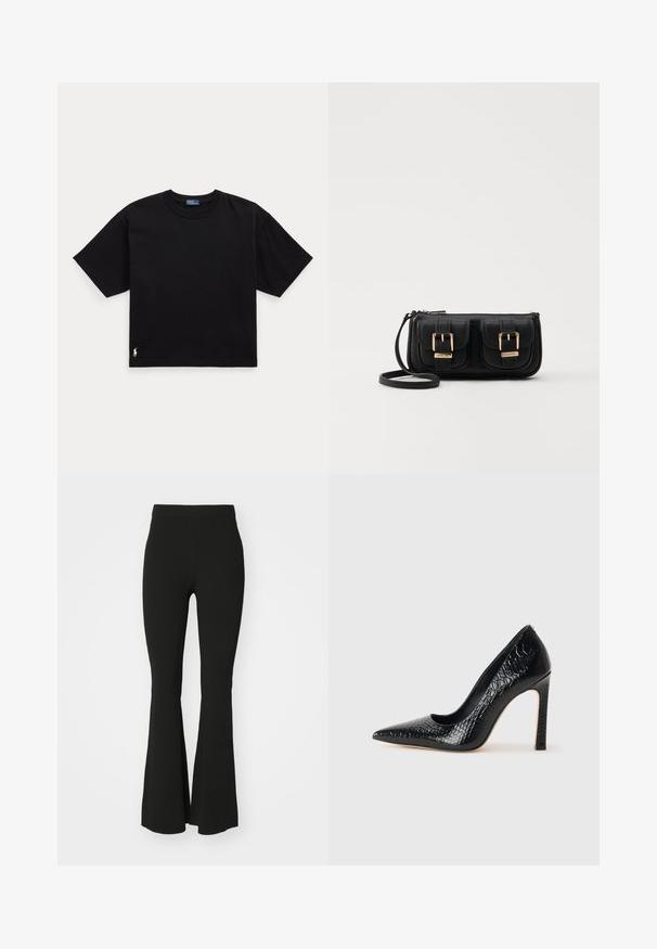 T-shirt en coton noir à manches courtes, col rond, avec un petit logo blanc en bas à gauche. Coupe classique, ample, avec un minimum de détails.; Pantalons noirs évasés en tissu extensible, avec une taille haute et une surface lisse et sans embellissement. Design simple et ajusté.; Escarpin noir à bout pointu avec texture en cuir de crocodile, présentant un design élégant, un haut talon aiguille et un intérieur noir lisse.; Sac en cuir noir porté en travers avec deux poches avant, boucles dorées, fermeture zippée et une sangle fine. Surface texturée et forme rectangulaire compacte.