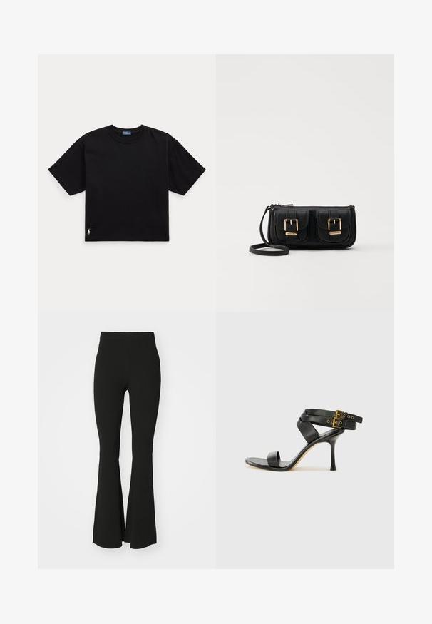 Svart bomullströja med korta ärmar, rund hals och en liten vit logotyp i nederkant till vänster. Klassisk, boxig passform med minimal detaljering.; Svarta flarebyxor i stretchtyg med hög midja och en slät, odekorerad yta. Enkelt och figurnära design.; Svart klack-sandal med korsade remmar och justerbar spänne. Har en slät textur och en taperad stilettklack.; Svart läderaxelväska med två framfickor, guldspännen, dragkedjestängning och en smal rem. Texturerad yta och kompakt rektangulär form.