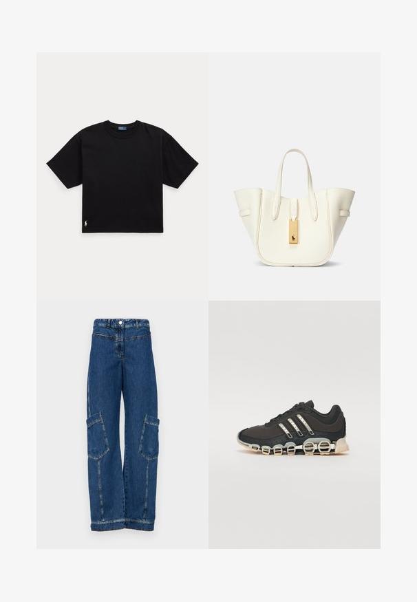 Camiseta preta de algodão com mangas curtas, decote redondo e um pequeno logótipo branco na parte inferior esquerda. Ajuste clássico e descontraído, com detalhes mínimos.; Calças cargo em denim azul com cintura alta, perna larga, dois grandes bolsos laterais e detalhes tradicionais de rebites e costuras.; Shoe desportivo preto com um upper texturizado, três riscas prateadas e uma sola de amortecimento distinta, apresentando múltiplas secções integradas.; Mala tote de couro branco com uma forma estruturada, costura proeminente, etiqueta de metal dourado e alças duplas. Superfície texturizada com bolsos laterais.