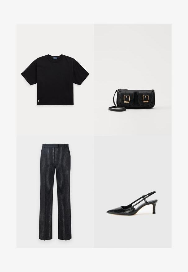 Černé bavlněné tričko s krátkým rukávem, kulatým výstřihem a malým bílým logem v dolním levém rohu. Klasický, boxy střih s minimálním detailem.; Tmavé pruhované kalhoty s širokými nohavicemi, vyrobené z texturované tkaniny s vertikálními stříbrnými proužky. Plochý přední díl a poutka na pásek.; Černé lakované slingback podpatky s špičatou špičkou, zdobené texturovaným hadím vzorem, nastavovacím páskem a krátkým texturovaným blokovým podpatkem.; Černá kožená crossbody taška se dvěma předními kapsami, zlatými přezkami, zipovým uzávěrem a štíhlým popruhem. Texturovaný povrch a kompaktní obdélníkový tvar.