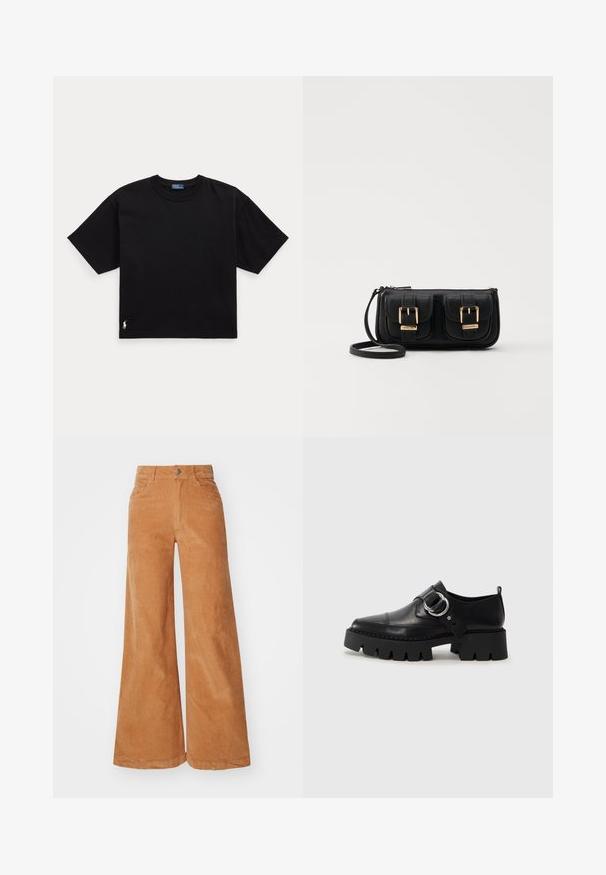 Zwarte katoenen T-shirt met korte mouwen, ronde hals en een klein wit logo op de linker benedenkant. Klassieke, rechte pasvorm met minimale details.; Een warme bruine corduroy broek met brede pijpen, hoge taille, knoopsluiting en twee zijzakken. Zachte textuur en opvallende naaddetails.; Zwarte leren schoenen met een robuuste, geribbelde zool, voorzien van een ronde zilveren hardwareaccent en minimale stikdetails.; Zwarte leren schoudertas met twee vo pockets, gouden gespen, ritsluiting en een smalle band. Tekstuur oppervlak en compacte rechthoekige vorm.