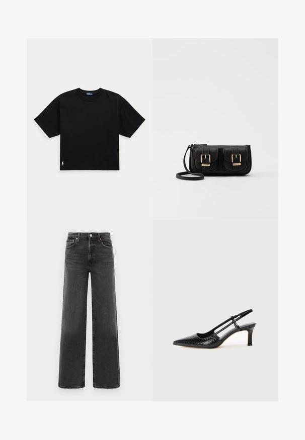 Camiseta de algodón negra con mangas cortas, cuello redondo y un pequeño logo blanco en la parte inferior izquierda. Ajuste clásico y cuadrado con mínimos detalles.; Jeans de mezclilla negros de cintura alta y pierna recta con botón y cremallera en el frente, dos bolsillos frontales y dos traseros.; Tacón slingback negro de charol con punta afilada, que presenta un estampado de serpiente texturizado, correa ajustable y un tacón bloque corto y texturizado.; Bolso cruzado de cuero negro con dos bolsillos frontales, hebillas doradas, cierre de cremallera y una correa delgada. Superficie texturizada y forma rectangular compacta.