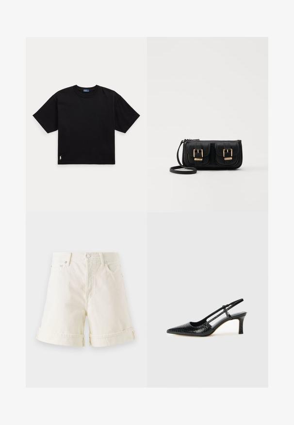 Black cotton t-shirt with short sleeves, round neck, and a small white logo on the bottom left. Classic, boxy fit with minimal detailing.; Light cream denim shorts with a straight cut, rolled cuffs, and classic five-pocket design. Features silver metal hardware.; Black patent slingback heel with a pointed toe, featuring textured snake print, adjustable strap, and a short, textured block heel.; Black leather crossbody bag with two front pockets, gold buckles, zipper closure, and a slim strap. Textured surface and compact rectangular shape.
