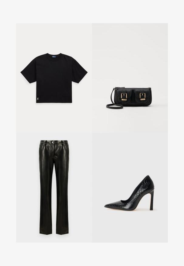 Juodas medvilnės marškinėliai trumpomis rankovėmis, apvaliu kaklu ir mažu baltu logotipu apatiniame kairiajame kampe. Klasikinis, dėžutės formos siluetas su minimaliu apdailos detalių skaičiumi.; Juodos dirbtinės odos tiesios kojos kelnės su mygtuko ir užtrauktuko uždarymu, diržo kilpomis ir šoninėmis kišenėmis, rodomos prieš baltą foną.; Juoda smailiakulnė aukšto kulno bateliai su krokodilo odos tekstūra, pasižymintys elegantišku dizainu, aukštu stiletu kulnu ir lygia juoda vidine dalimi.; Juodas odinis per petį nešiojamas krepšys su dviem priekiniais kišenėmis, auksiniais sagtimis, užtrauktuko uždarymu ir siauromis petnešomis. Textūruota paviršius ir kompaktiškas stačiakampis formatas.; Auksinės metalinės auskarų kabės su lenktą, pailgą forma. Turi lygų, blizgantį paviršių ir užapvalintą galiuką papildomam akcentui.