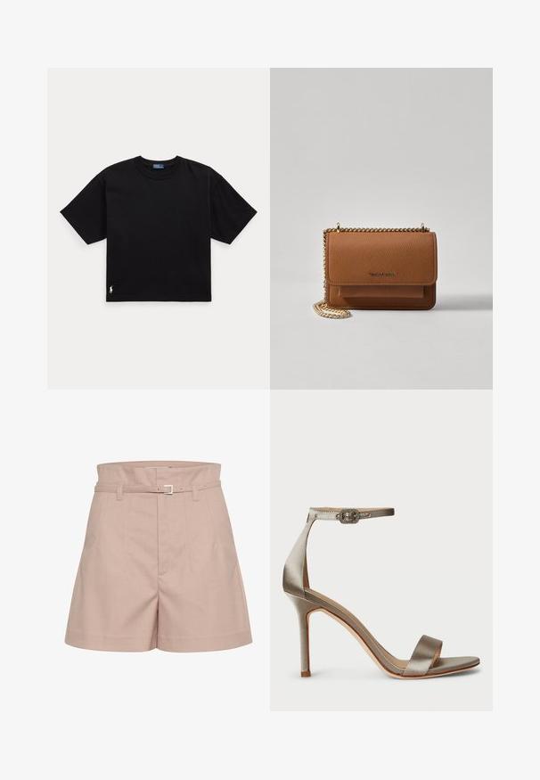 Juodas medvilnės marškinėliai trumpomis rankovėmis, apvaliu kaklu ir mažu baltu logotipu apatiniame kairiajame kampe. Klasikinis, dėžutės formos siluetas su minimaliu apdailos detalių skaičiumi.; Šviesiai rožiniai pritaikyti šortai, pagaminti iš tekstūruotos medžiagos, turintys platų liemenį, diržo kilpas ir sidabrinę sagtį.; Sidabrinės atlasinės aukštakulnės sandalai su kulkšnies dirželiu, puošiančiu sagtimi. Atviras pirštas ir plonas, elegantiškas dizainas.; Ruda tekstūruota odinė per petį nešama rankinė su auksiniu grandininiu dirželiu ir užlenkiamo užsegimo. Priekinėje pusėje yra logotipo detalė ir kišenė po užlenkimu.