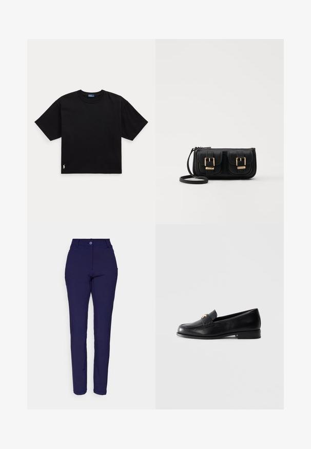 Camiseta preta de algodão com mangas curtas, decote redondo e um pequeno logótipo branco na parte inferior esquerda. Ajuste clássico e descontraído, com detalhes mínimos.; Calvin Klein Golf WINTER GENIUS TROUSER - Calças - navy; Sapo de couro preto tipo loafer com salto baixo e emblema decorativo dourado na tira, exibido sobre um fundo cinza claro liso.; Bolsa de ombro em couro preto com dois bolsos frontais, fivelas douradas, fecho de zíper e uma alça fina. Superfície texturizada e forma retangular compacta.