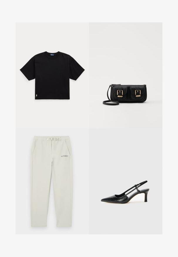 Črna bombažna majica s kratkimi rokavi, okroglo ovratnikom in majhnim belim logotipom na spodnjem levem delu. Klasična, kvadratna oblika z minimalnimi detajli.; Svetlo sivi atletski hlače z elastičnim pasom, detajlom pasu, dvema stranskima žepoma in majhnim modrim logotipom "TERREX" na levem stegnu.; Črne lakaste slingback pete s koničastim nosom, ki imajo teksturiran vzorec kačje kože, nastavljiv trak in kratek teksturiran blok peto.; Črna usnjena torbica čez ramo z dvema sprednjima žepoma, zlatimi zaponkami, zadrgo in ozkim pasom. Tekstura površine je strukturirana, obliko pa ima kompaktno pravokotno.; Lauren Ralph Lauren BASIC SMALL HOOP - Uhani - gold-coloured