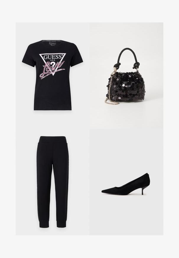 Zwarte katoenen t-shirt met een driehoeklogo en de tekst "GUESS U.S.A." en "Love" in roze strassstenen op de voorkant.; Zwarte sweatpants met taps toelopende pijpen, voorzien van een brede elastische tailleband en gemêleerde zijpanelen. Gemaakt van een zachte, rekbare stof.; Zwarte suède hoge hak met een spitse neus en een slanke, lage hak. Gladde textuur met een strakke vormgeving, zonder zichtbare hardware.; Zwarte pailletten mini handtas met een geknoopte textuurriem en zilveren ketting. Rondvormig met een geplooide bovenkant en reflecterende details.
