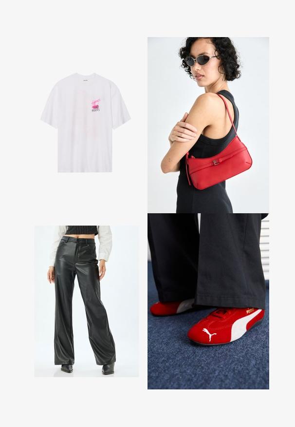 Witte katoenen t-shirt met een grafisch ontwerp waarop roze tekst staat die "SEND NOODS" leest, samen met eetstokjes, geplaatst binnen een vierkante omranding.; Zwarte faux leren wijde broek met een hoge taille, voorzakken en een gladde textuur. Voorzien van een enkele knopen sluiting en riemlussen.; Rode suède sneakers met witte accenten, met een textuurmateriaal, ronde neus en een gouden logo aan de zijkant, gedragen met zwarte broek.; Rode leren schoudertas met een gladde textuur, gebogen ontwerp en een decoratieve sluiting. Verstelbare schouderband en ritssluiting.
