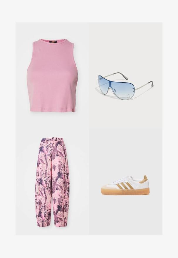Top crop pérola com textura canelada, decote redondo e design sem mangas. Apresenta uma barra que termina um pouco acima da cintura.; As calças largas em tons de rosa e roxo apresentam um padrão de folhas e ramos, com uma cintura alta e bolsos laterais para maior funcionalidade.; Sapatilhas brancas com detalhes bege, apresentando três riscas, bico arredondado e sola de borracha translúcida. Materiais de couro liso e têxtil.; Óculos de sol aviador com lentes azuis em degradê, armação metálica prateada e detalhes decorativos de estrelas nas lentes. Design suave e elegante.
