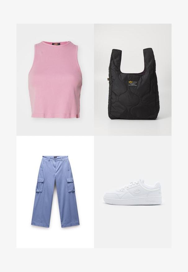 Růžový žebrovaný crop top s kulatým výstřihem a bezrukávovým designem. Má lemování končící těsně nad pasem.; Světle modré cargo kalhoty vyrobené z hladkého materiálu. Mají dvojité boční kapsy, volný střih a rovný střih s prošívanými detaily.; Bílé tenisky vyrobené z hladkého syntetického materiálu, s kulatou špičkou, plochou podrážkou a jemnými logo akcenty po stranách. Klasický design nízkých tenisek.; Černá prošívaná taška přes rameno s velkým otvorem, zakřivené tvary na povrchu a štítek s žlutým a bílým textem na přední straně.; Zlaté kruhové náušnice, tenké a kulaté, s hladkým kovovým povrchem a bez zdobení či vzorů.