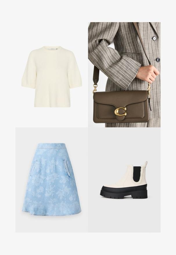 Pulover cu mânecă scurtă și gât rotund, realizat dintr-un material moale și pufos în nuanță albă-cenușie. Prezintă o croială lejeră, cu manșete și tiv ribbate.; Fustă A-line din denim de culoare albastră deschisă, cu un model floral subtil, având două buzunare laterale și un finisaj neted, cu tiv.; Bocanci cu platformă groasă, la gleznă, cu o parte superioară albă, talpă din cauciuc negru și panouri elastice laterale contrastante negre. O margine din blană artificială la vârful cizmei.; COACH TABBY SHOULDER BAG 26 - Geantă de mână - dark stone