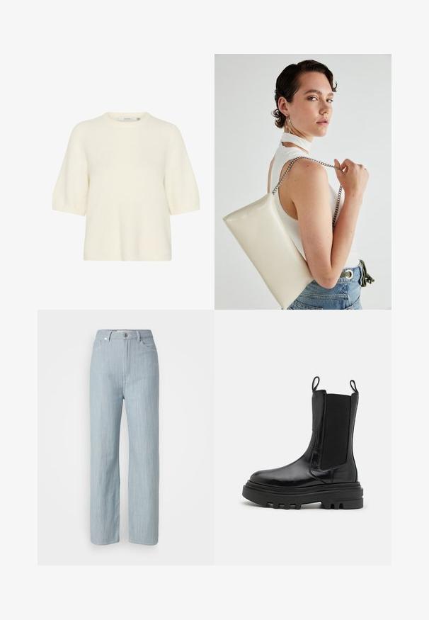 Trumpas rankovės, apvalia iškirpte megztinis, pagamintas iš minkštos, pūkuotos medžiagos kreminių atspalvių. Turi laisvą siluetą, gumbuotas rankogalius ir apačią.; Šviesiai mėlyni tiesūs džinsai, pagaminti iš džinsinio audinio. Turi penkias kišenes, metalinį mygtuko užsegimą ir subtilų dėmėtumą, suteikiantį tekstūrą.; Juodi kulkšnių auliniai batai su blizgiu odiniu paviršiumi, elastingomis šoninėmis detalėmis, užtrauktukais ir storu, tekstūruotu guminčiu padu. Masyvi forma, elegantiška siluetas.; Balta, stačiakampio formos rankinė pagaminta iš blizgaus medžiagos, su sidabriniu virvute. Modelis pozavo, demonstruodamas rankinę prieš paprastą foną.