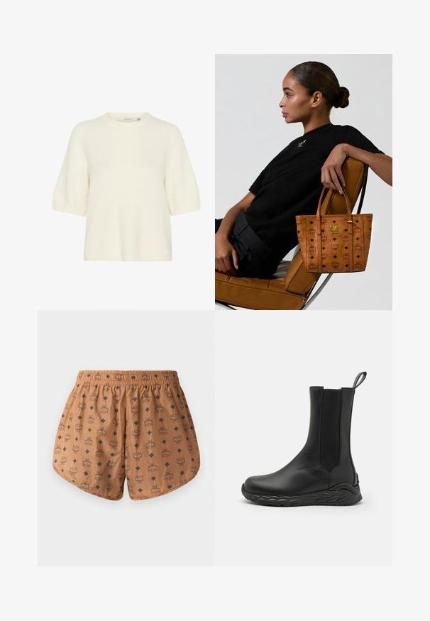 Pull à manches courtes et col rond en matière douce et duveteuse de couleur blanc cassé. Il présente une coupe décontractée avec des poignets et un ourlet côtelés.; Shorts marron avec un motif de logo sur toute la surface, accents en losanges bleu foncé, ceinture élastique et tissu léger et texturé.; MCM SKYWANDER - Bottes - black; Femme avec les cheveux en chignon assise de côté sur une chaise en cuir beige, tenant un sac fourre-tout beige à motifs avec des logos noirs et un emblème doré.