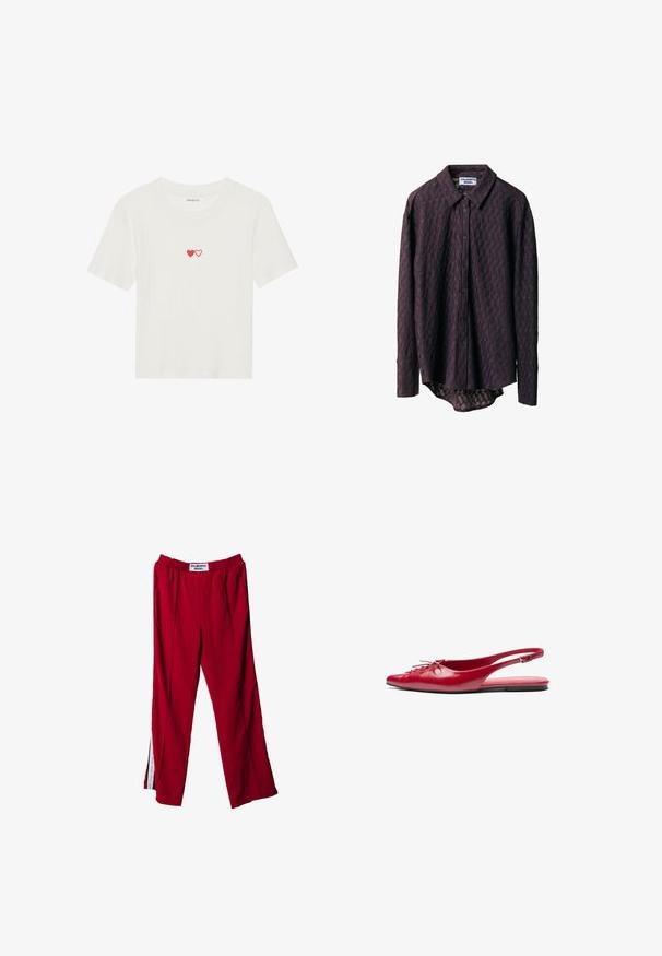 T-shirt branca de manga curta com textura canelada, apresentando dois corações vermelhos bordados no peito. Tecido macio com um design clássico de gola redonda.; Camisa de botão de mangas compridas em roxo escuro, com um design texturizado que apresenta um padrão de losangos sutil e uma barra arredondada.; Calças de atletismo vermelhas com cintura elástica, apresentando aberturas laterais e pregas subtis. O material parece liso, com uma etiqueta na cintura.; Sandal em pele vermelho com talão aberto, ponta afiada e um detalhe decorativo de laço na parte da frente, apresentando uma tirinha fina no tornozelo e sola plana.