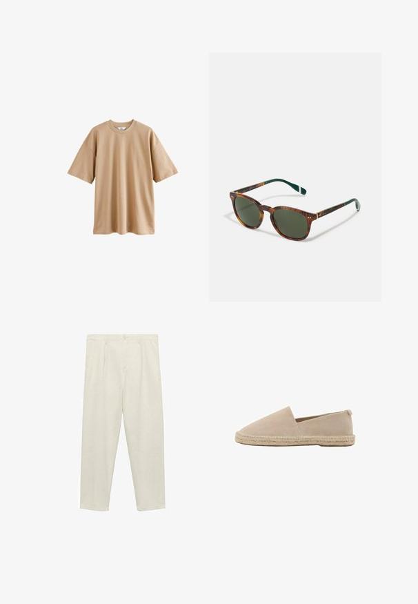 Kratký rukáv béžové tričko z bavlny s okrúhlym výstrihom a voľným strihom, s hladkou textúrou a bez vzorov alebo akcentov.; Svetlo béžové nohavice s rovnými nohavicami vyrobené z jemného materiálu, s vysokým pásom, prednými záhybmi, zapínaním na gombík a bočnými vreckami.; Bežové semišové espadrilky s rovnou podrážkou, uzavretou pätou a tkaným jutovým lemovaním pozdĺž okraja. Jednoduchý, klasický siluet bez ozdôb.; Korytnačkové slnečné okuliare so zelenými šošovkami, zaoblený tvar, zlaté akcenty a tmavozelené ramená s bielym prúžkom.