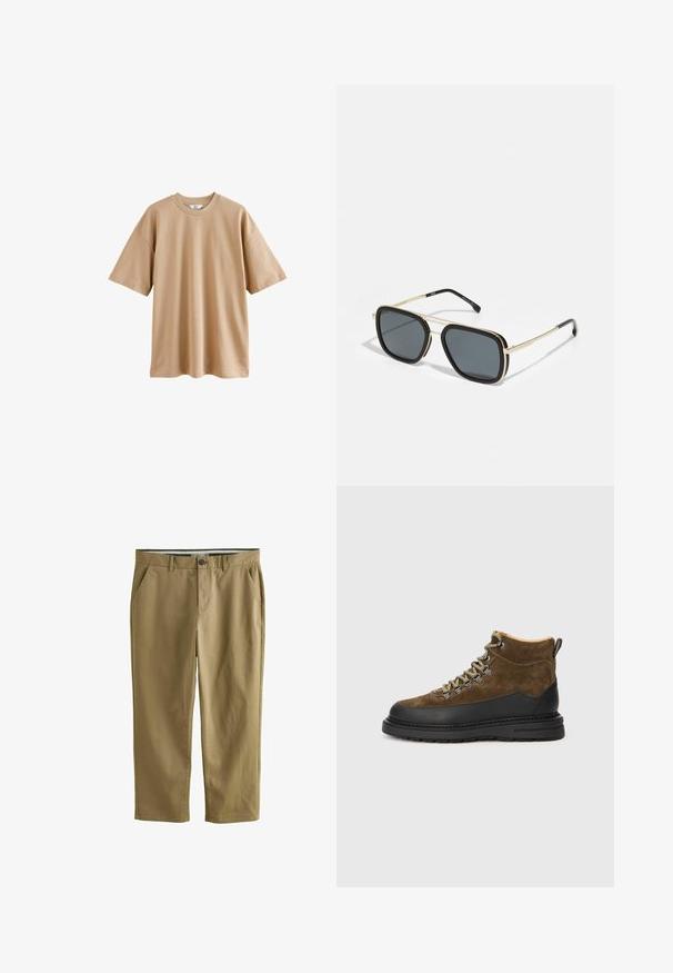 T-shirt beige a maniche corte in cotone con colletto rotondo e vestibilità rilassata, caratterizzata da una trama liscia e priva di motivi o dettagli decorativi.; Chino color khaki realizzati in cotone misto, dotati di due tasche laterali, chiusura con bottone, gambe dritte e una texture liscia.; Stivali da trekking in suede marrone con suola in gomma nera, punta rotonda e lacci verdi. Presentano un collo imbottito e un laccio per una facile calzata.; Occhiali da sole neri e oro con forma quadrata, montatura metallica, lenti grigio scuro e punte delle aste nere. Presentano un design a doppio ponte.