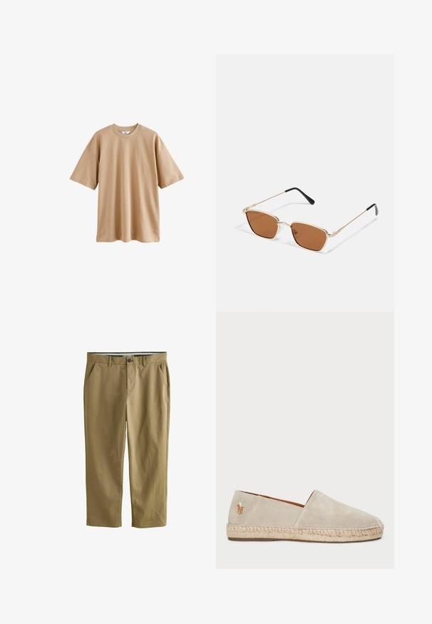 Kortärmad beige t-shirt i bomull med rund hals och avslappnad passform, med en slät yta utan mönster eller detaljer.; Khaki chinos tillverkade av bomullsblandning, med två sidofickor, knappstängning, raka ben och en mjuk textur.; Beige mockasins av mocka med en sula av jute rep, med en texturerad yta och en liten broderad logotyp på hälen.; Bruna solglasögon med tunna guldmetallramar och svarta tempeltips, med vinklade linser och subtil märkning på sidan.