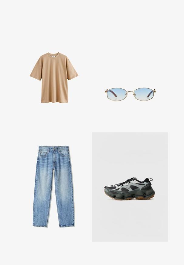 Beżowa koszulka z krótkim rękawem, wykonana z bawełny, z okrągłym dekoltem i luźnym krojem. Posiada gładką strukturę, bez wzorów czy ozdobników.; Jasnoniebieskie dżinsy o luźnym kroju, prostych nogawkach, pięcioma kieszeniami i wyblakłej fakturze. Zawierają zamek błyskawiczny i zapięcie na guziki z przodu.; Czarne i szare buty sportowe z siateczkowej cholewki, rzeźbioną podeszwą i gumową podeszłą. Posiadają zabezpieczający system sznurowania oraz pętlę na pięcie.; Owalne okulary przeciwsłoneczne z jasnoniebieskimi gradientowymi szkłami, złotą metalową oprawką i brązowymi ramionami z acetatu. Posiadają drobne detale po bokach oprawki.