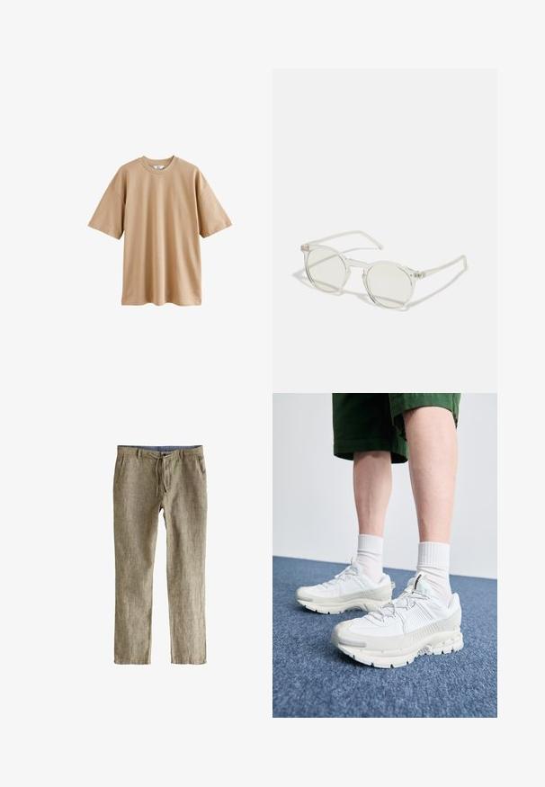 Beige T-Shirt aus Baumwolle mit kurzen Ärmeln, rundem Ausschnitt und lässiger Passform. Der Stoff hat eine glatte Textur und keine Muster oder Akzente.; Leinenmischungshose in Hellbraun mit strukturierter Oberfläche, mit einem Zugbandbund und seitlichen Taschen. Leicht und im geraden Schnitt.; Weiße Sportschuhe mit strukturierten Überzügen, einer dicken Sohle und grauen Akzenten. Tragen mit weißen Crew-Socken und grünen Shorts auf einer blauen Oberfläche.; Runde Sonnenbrillen mit transparentem Rahmen, hellgrünen Gläsern und dünnen, klaren Bügeln. Besitzt dezente Hardware-Elemente am Rahmen.