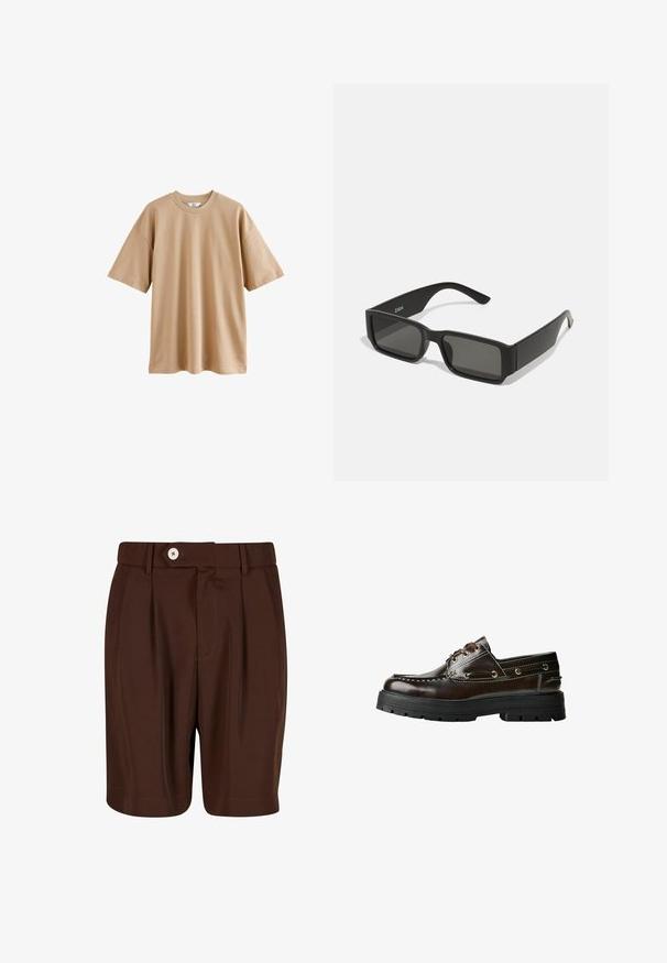 Kratký rukáv béžové tričko z bavlny s okrúhlym výstrihom a voľným strihom, s hladkou textúrou a bez vzorov alebo akcentov.; Hnedé plisé šortky vyrobené z hladkej tkaniny, s gombíkovým zapínaním a bočnými vreckami. Lem je rovný s minimálnymi švovými detailmi.; Hnedé kožené lodičky s gumovou podrážkou, s vystúžením, kovovými očkami a dizajnom na šnurovanie. Robustná, ľahká konštrukcia.; Čierne slnečné okuliare s obdĺžnikovými šošovkami, matný plastový rám a rovné hrany. Obsahujú logo značky na vnútornej strane ramenka.