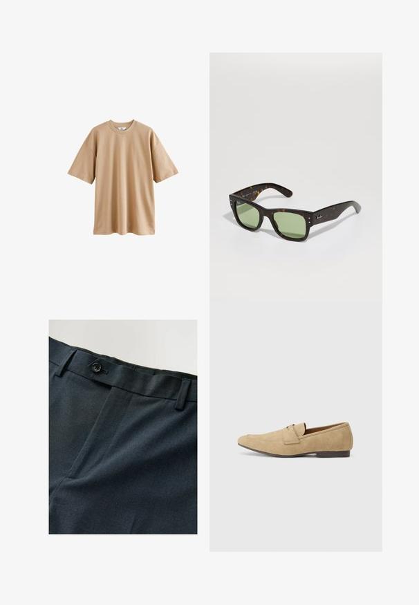 Pamučna bež majica kratkih rukava s okruglim izrezom i ležernim krojem, koja ima glatku teksturu i bez uzoraka ili naglasaka.; Mornarsko plave hlače s teksturiranim materijalom, s jednim gumbom za zatvaranje i ravnim prednjim dijelom. Suptilan uzorak dodaje vizualni interes.; Bež zamšaste loafers s blagim sjajem, s zaobljenim vrhom, slip-on dizajnom i niskim smešnim potplatom smeđe boje. Suptilna detaljna šavova.; Smeđe kornjačaste sunčane naočale s zelenim lećama, kvadratnog oblika i metalnim detaljima. Imaju logo na lijevom sljepoočnici. Matte završna obrada.; Bijela biserna ogrlica s uniformnim okruglim oblikom, glatkom površinom i metalnom kopčom s produžnom lancem za podesivu duljinu.