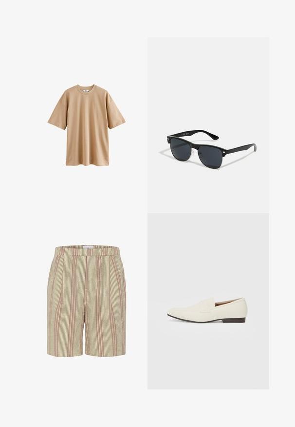 Beżowa koszulka z krótkim rękawem, wykonana z bawełny, z okrągłym dekoltem i luźnym krojem. Posiada gładką strukturę, bez wzorów czy ozdobników.; Spodenki w paski w odcieniach beżowym i jasnoróżowym, wykonane z teksturowanej tkaniny, z elastycznym pasem i bocznymi kieszeniami. Długość do połowy uda.; Jasne beżowe mokasyny z wąskim noskiem, gładkim materiałem, paskiem na wierzchu stopy oraz niską brązową podeszwą. Prosty design z minimalnymi akcentami.; Czarne okulary przeciwsłoneczne o prostokątnym kształcie, ciemnych soczewkach, srebrnych akcentach na zausznikach oraz matowym wykończeniu oprawki.
