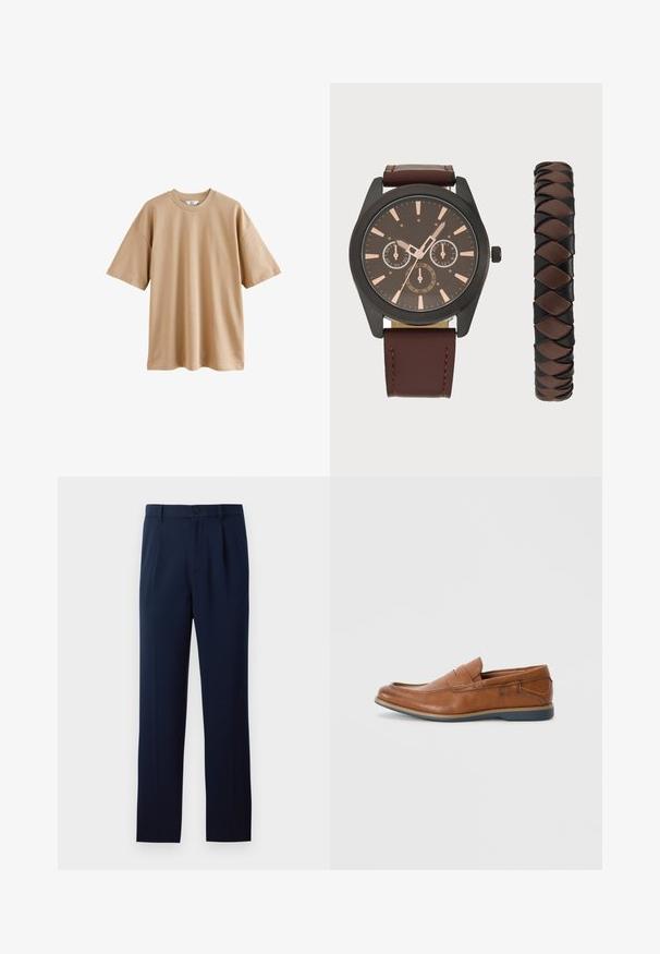 Lühikeste varrukatega beež puuvillane T-särk ümarate kaelustega ja lõdva lõikega, millel on sile tekstuur ning ei mingeid mustreid või aktsente.; Tumedatehallid püksid, mis on valmistatud siledast kangast, koos ühe nööbiga kinnitusega, voltide ja sirgete jalgadega. Minimalistlik disain, ilma silmapaistvate mustriteta.; Prunadest nahkkingad ümmarguse varbaga, õmmeldud detailide ja madala kummitaldaga. Disain sisaldab riba üleval.; Pier One SET - Käekell - black/brown; Viie käevõru komplekt, mis sisaldab pruuni nahka, puidust helmeid ja hõbedast ketti; erinevad tekstuurid ja kujundid, reguleeritavad sulgurid.