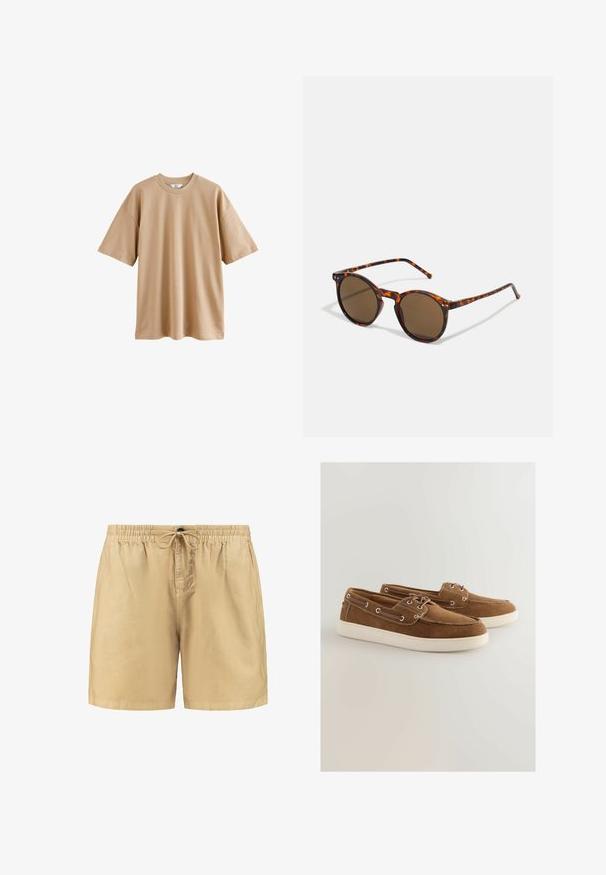 Rövid ujjú bézs póló, pamutból készült, kerek nyakkal és laza szabással. Simább textúrával rendelkezik, minta vagy díszítés nélkül.; Beige rövidnadrág rugalmas derékkal és zsinórral. Könnyű anyagból készült, sima felülettel. Egyszerű dizájn, minta nélkül.; Barna velúr cipők fehér gumitalppal, fűzős kialakítással, fém fűzőlyukakkal és eltérő színű varrással a szélén.; Kerek napszemüveg teknőc mintázatú kerettel, barna lencsékkel. Finom textúrájú, vékony szárakkal rendelkezik, a lencsék mellett fém díszítésekkel.