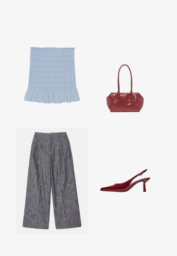Jupe smockée bleu clair avec un ourlet à volants, présentant des coutures texturées sur toute sa surface et fabriquée dans un mélange de coton doux.; Filippa K DARCEY TEXTURED TROUSERS - Pantalon classique - navy/white; Bershka Escarpins - dark red; Sac à main rouge brillant avec deux longues poignées, de forme rectangulaire, texture lisse et motif légèrement plissé. Doté de quincaillerie en métal argenté.