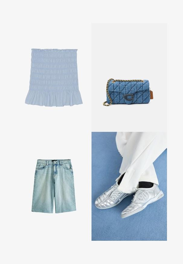 Lyseblå smock-skjørt med bølget kant, prydet med tekstureret syning hele vejen rundt og lavet af en blød bomuldsblanding.; Lyseblå denimshorts med afslappet pasform, med knaplukning, bæltestropper og for- og baglommer. Struktureret stof, bleget finish.; Sølv athletic sko med en glat, skinnende finish, der har et syet design og nummer 90 på siden, parret med hvide bukser.; Blå quiltet denim skuldertaske med guld kæde-rem og en fremtrædende guldlogo-accent på forsiden. Kompakt rektangulær form.
