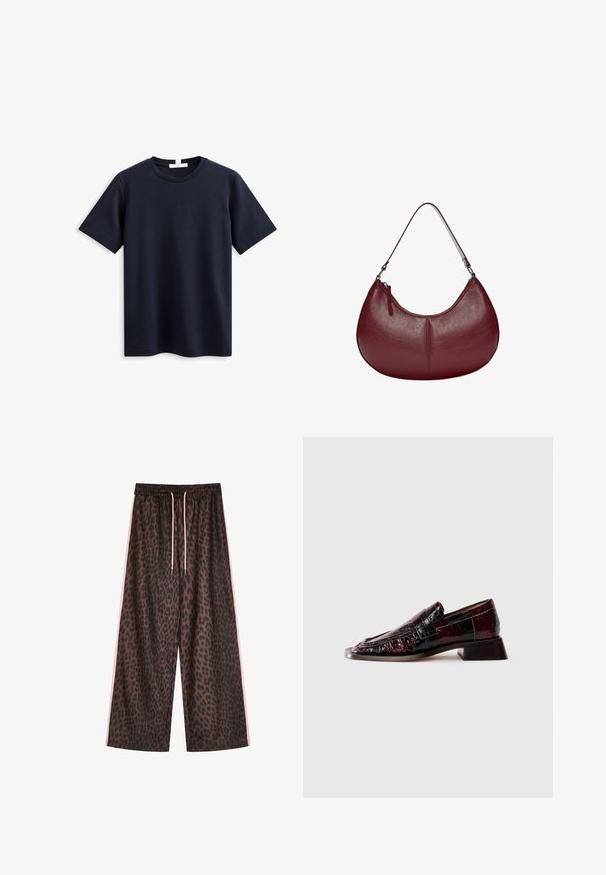 T-shirt a maniche corte blu navy realizzato in morbido cotone, con un classico col girocollo e una vestibilità comoda, senza marchi o motivi visibili.; Pantaloni a gamba larga con stampa leopardata in marrone e nero, dotati di una vita elasticizzata con cordini rosa e strisce laterali rosa. Tessuto dalla texture liscia.; Mocassino in pelle verniciata bordeaux scuro con finitura testurizzata, tacco basso a blocco e dettagli classici con fascia penny, mostrato di profilo.; Borsa a tracolla in pelle bordeaux con una forma curva. Caratterizzata da una sola tracolla e una zip superiore, presenta una superficie liscia e testurizzata.