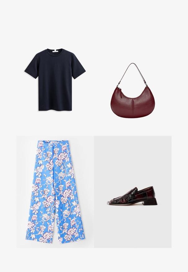 T-shirt a maniche corte blu navy realizzato in morbido cotone, con un classico col girocollo e una vestibilità comoda, senza marchi o motivi visibili.; Pantaloni floreali blu con un motivo di rose pastello. Il tessuto è morbido e ha una vestibilità comoda, gambe larghe e una cintura elastica.; Mocassino in pelle verniciata bordeaux scuro con finitura testurizzata, tacco basso a blocco e dettagli classici con fascia penny, mostrato di profilo.; Borsa a tracolla in pelle bordeaux con una forma curva. Caratterizzata da una sola tracolla e una zip superiore, presenta una superficie liscia e testurizzata.