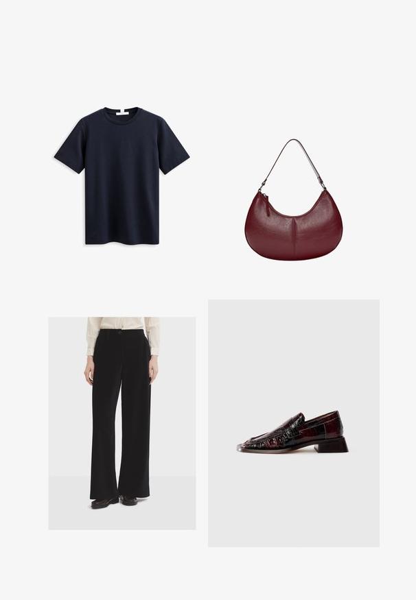 Námornícká modrá tričko s krátkým rukávem vyrobené z měkké bavlny, s klasickým kulatým výstřihem a volným střihem, bez viditelného brandingu nebo vzorů.; Černé široké kalhoty vyrobené z měkké tkaniny, vybavené předními kapsami, knoflíkovým zapínáním a hladkým povrchem.; Tmavě burgundové lakované kožené mokasíny s texturovaným povrchem, nízkým blokovým podpatkem a klasickým detailem v podobě příčné pásky, zobrazené z boku.; Burgundská kožená kabelka s křivkovým tvarem. Disponuje jedním ramenním popruhem a horním zipem, který ukazuje hladký, texturovaný povrch.